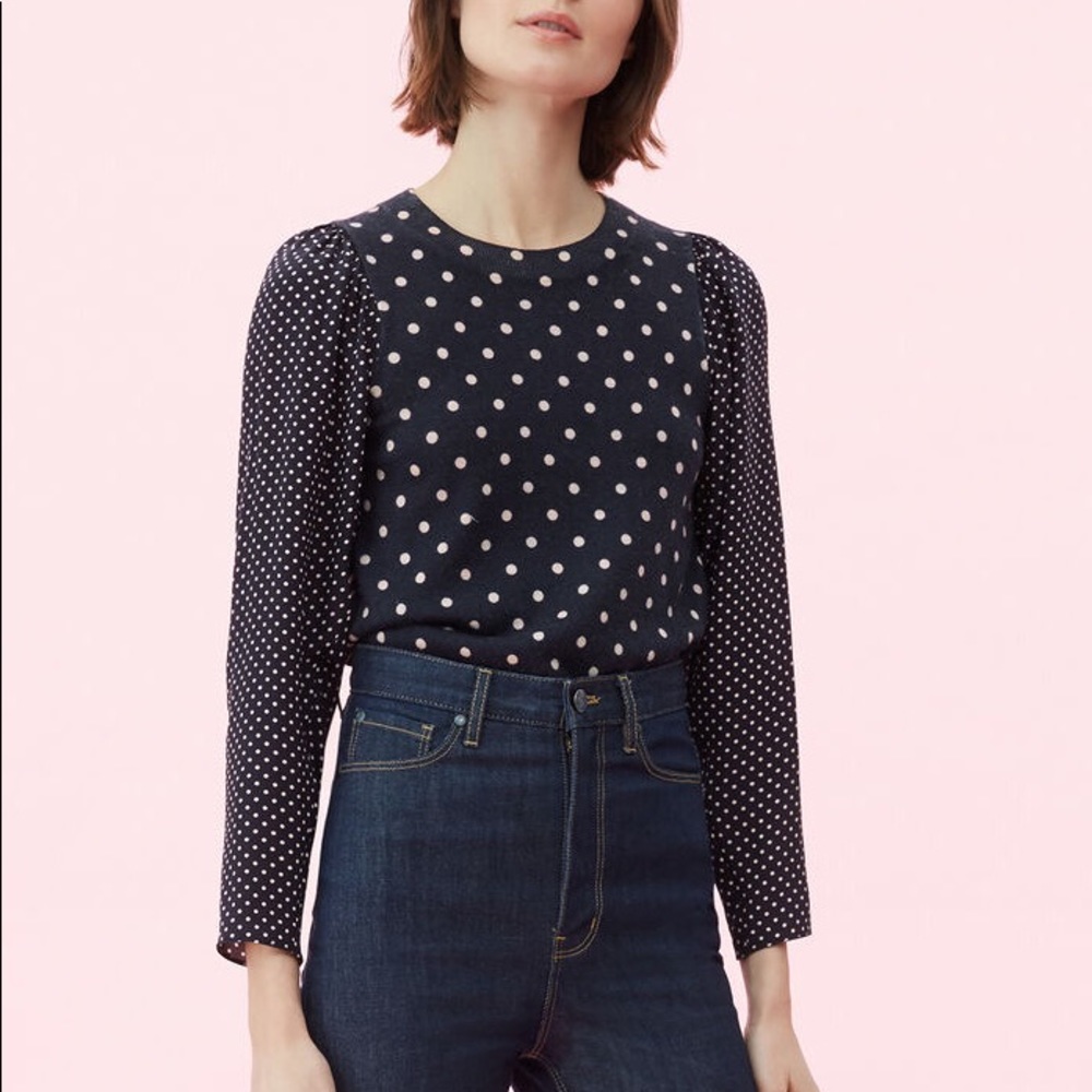 Rebecca Taylor Polka Dots Silk Puff Sleeve Wool Sweater Black & White L